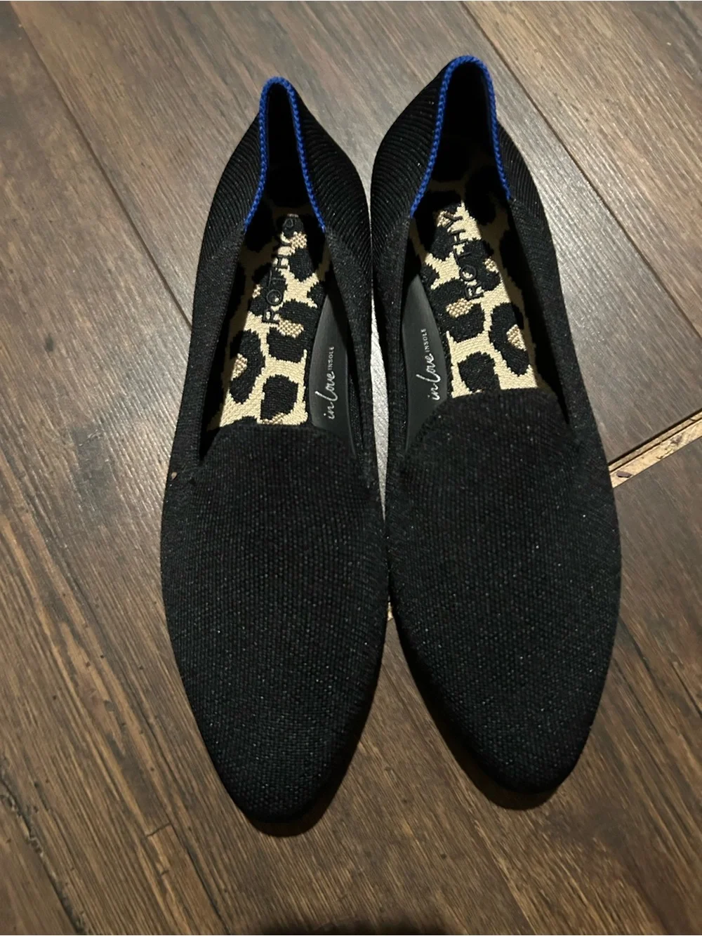 Rothy's Black Knit Slip-On Sandals with Blue Trim